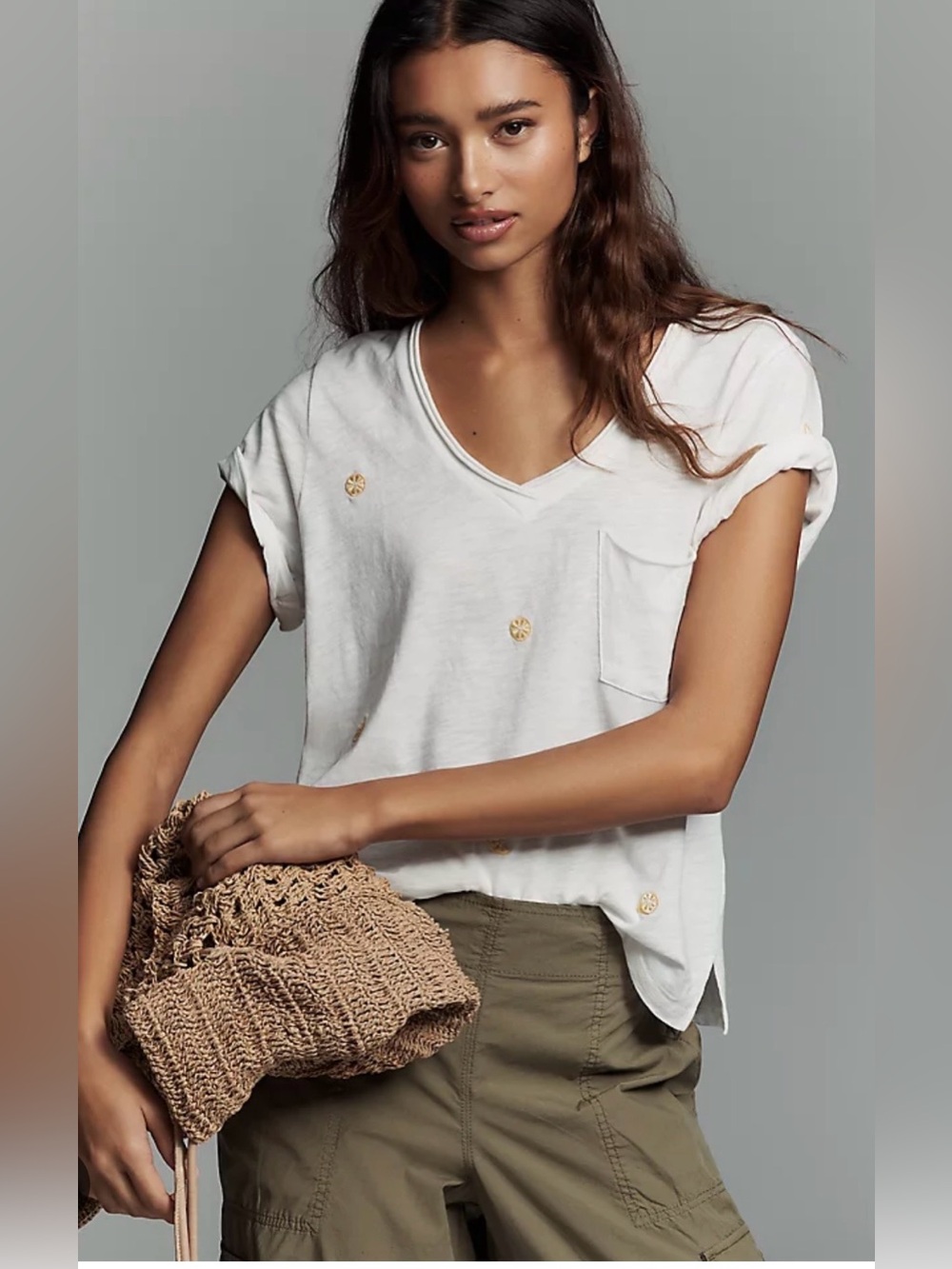 Pilcro The Quinn by Anthropologie White V-Neck Tee with Lemons Embroidered Large